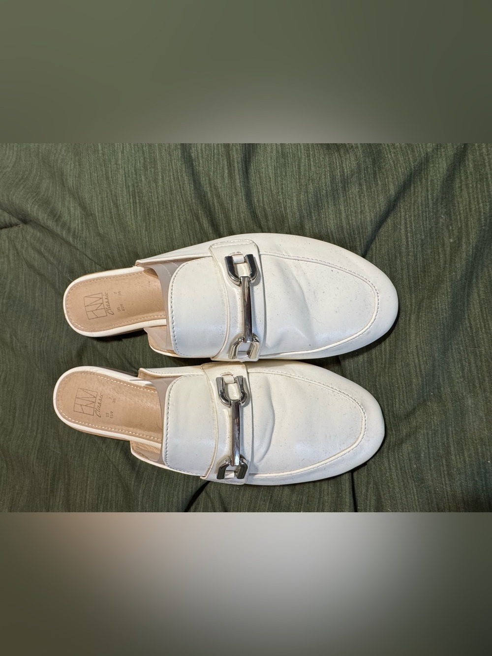 White Leather Horsebit Mules